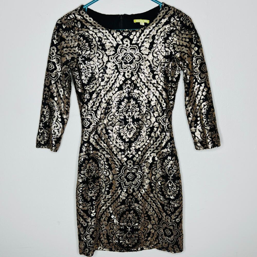 Gianni Bini Sequin Party Dress XS Black Gold 3/4 Sleeve Mini Cocktail Bodycon